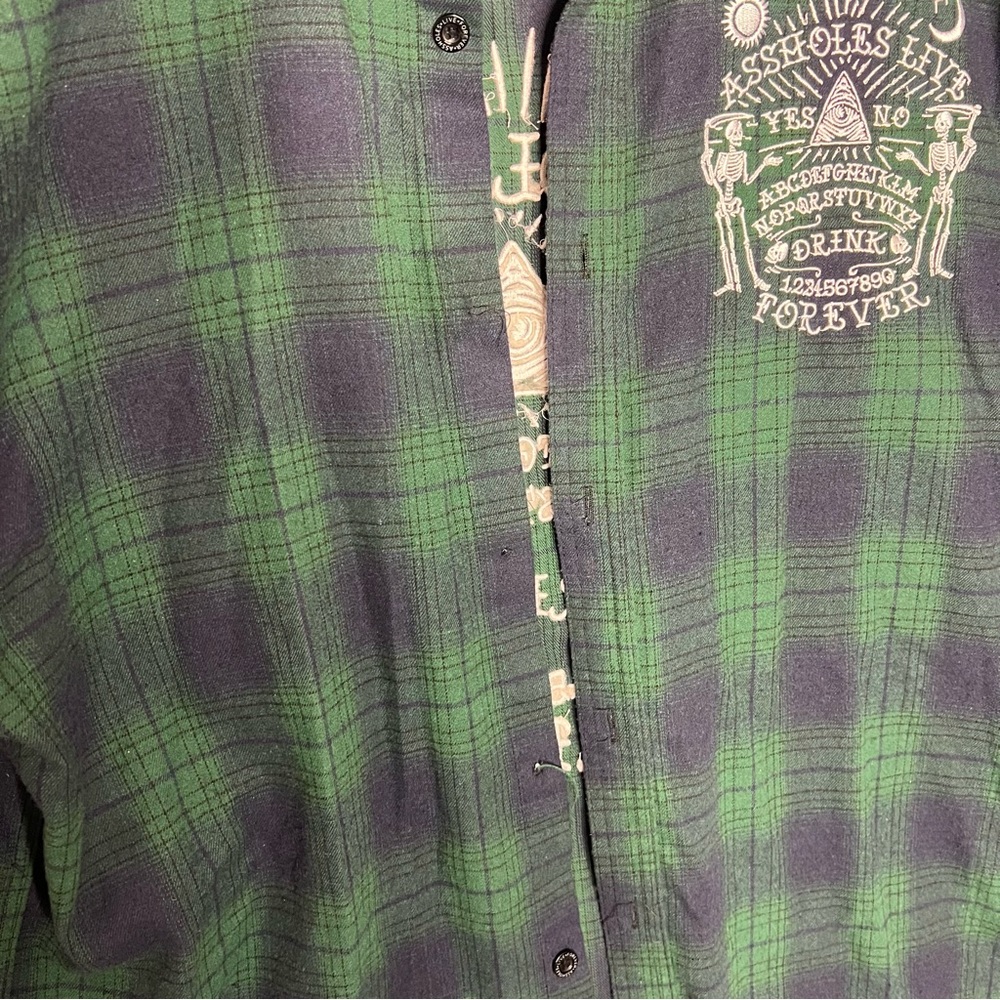 A**Holes Live Forever Green Blue Plaid Long Sleeve Mens Embroidered Shirt XXXL - Picture 5 of 10